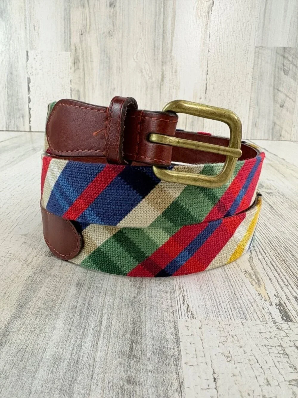 Smathers & Branson Summer Madras Needlepoint Belt Sz 46 Plaid